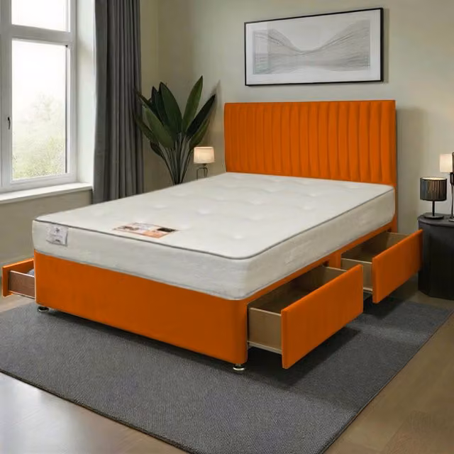 Knight Sleep Emily Plush Bed Set with Princess Hybrid Mattress and Floorstanding Headboard in Orange, W/D/H: 180 x 200 cm