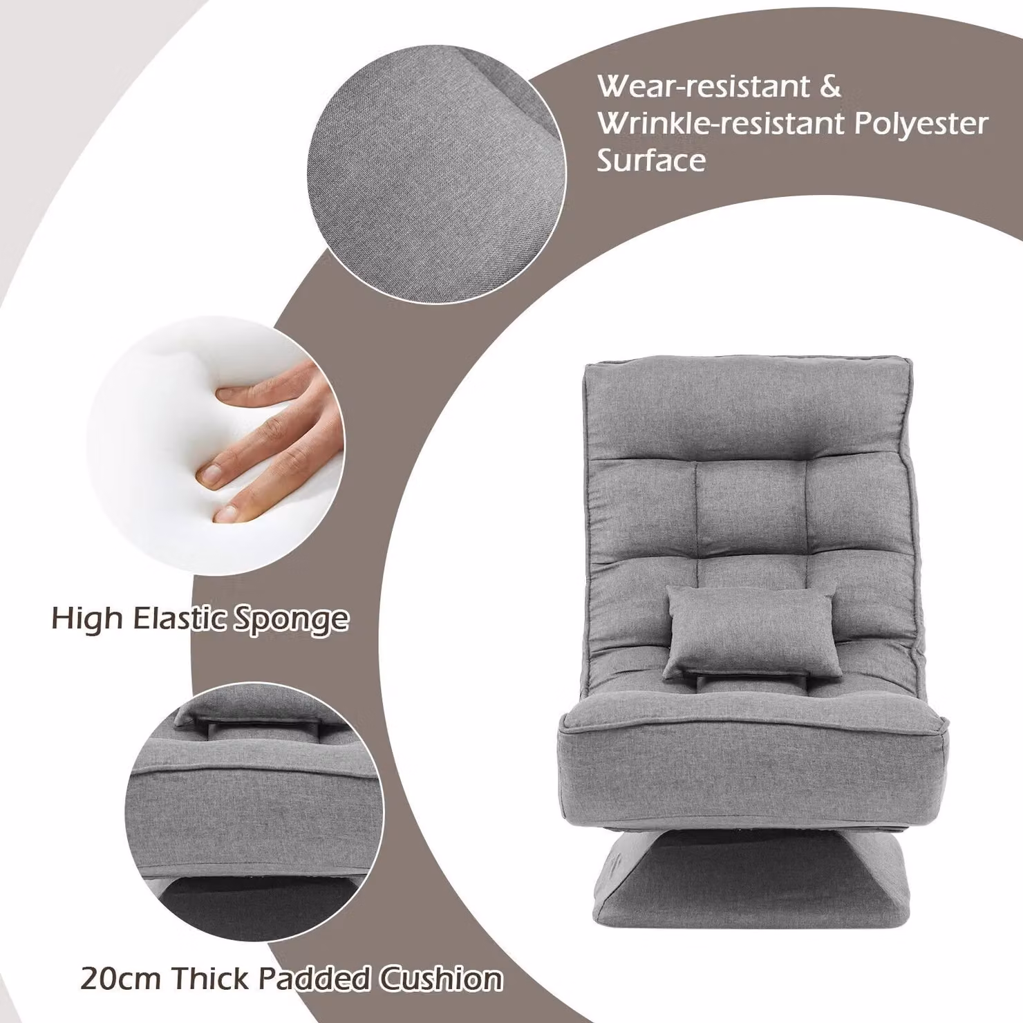Costway Grey Folding Floor Gaming Chair with 360 Degree Swivel and 4-Position Adjustable Backrest – 6