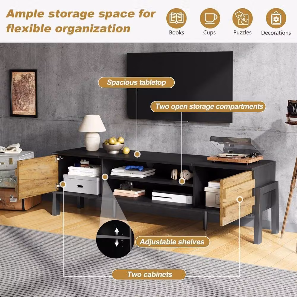 KORVIXA Modern Black TV Stand with 2 Cabinets and Open Shelves – 5