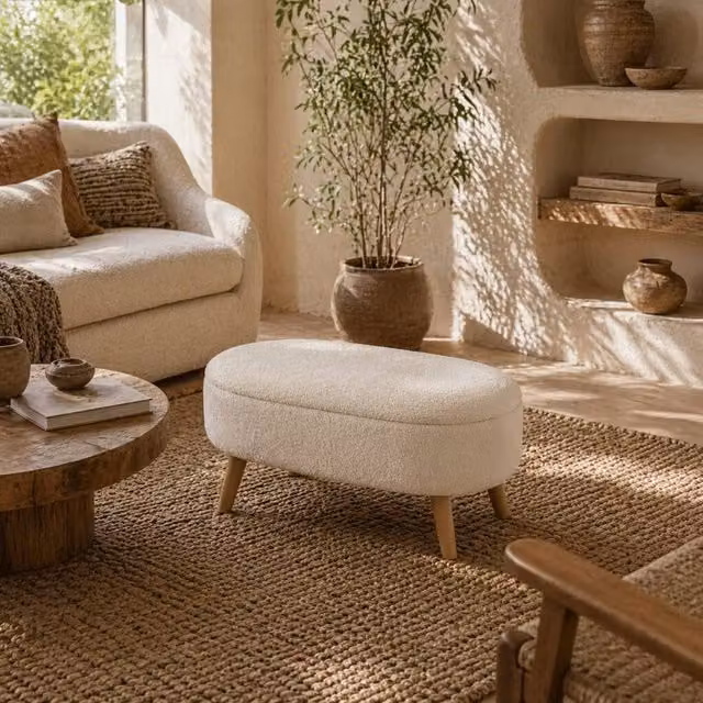 Wyld Haus Molasa Cream Boucle Teddy Fleece Storage Ottoman with Pine Wood Legs W/D/H: 45 x 41 x 41 cm