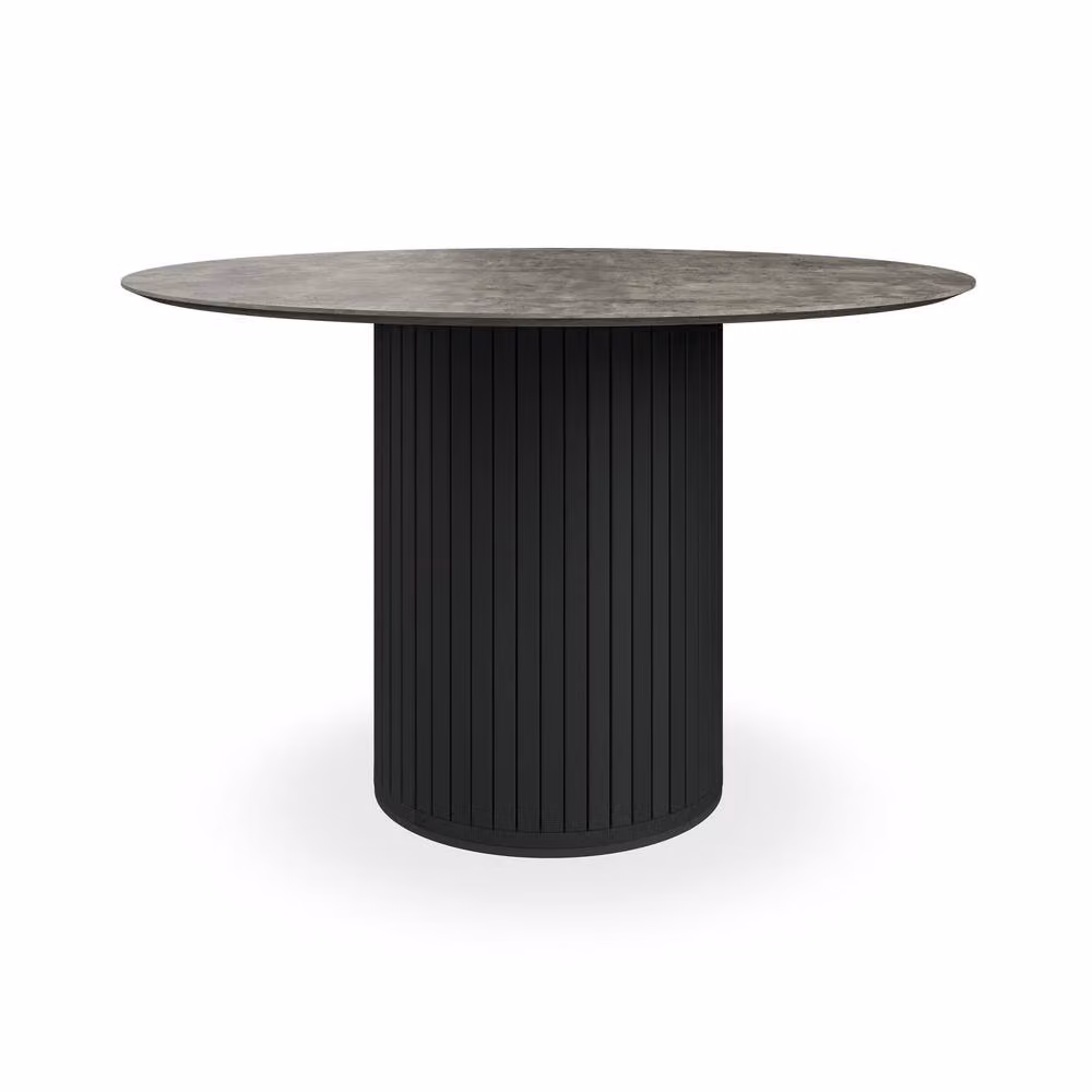 More4Homes Arlo Concrete Round Dining Table with Black Legs and 4 Myla Grey Linen Dining Chairs Set, W: 120 cm, H: 75 cm – 2