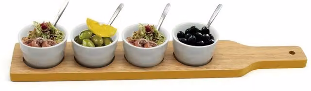 Van Gogh White and Yellow Porcelain Dipping Bowl Set with Solid Wood Paddle and Stainless Steel Accents
