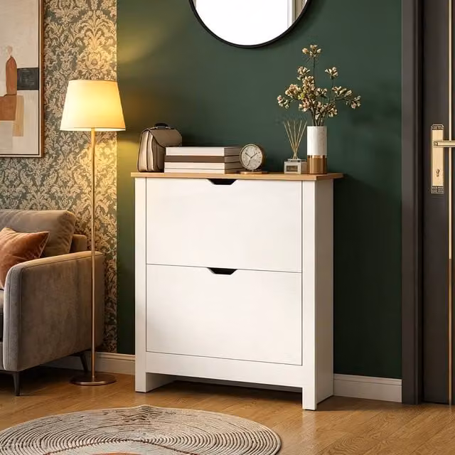 ERGOVEXA Glossy Slim White Shoe Cabinet with Tilting Compartments and Internal Shelves – 1