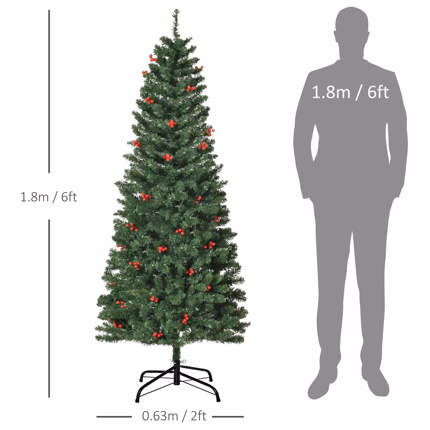 HOMCOM 6ft Prelit Artificial Pencil Christmas Tree with Warm White LED Lights and Red Berries, Green – 3