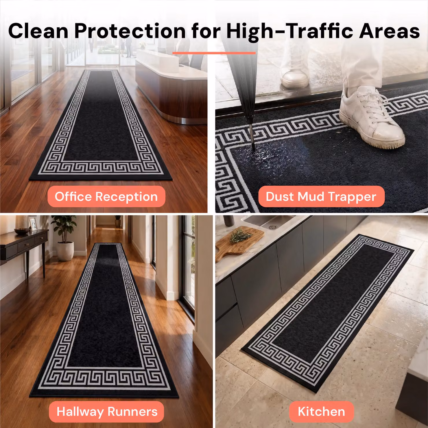 Smart Living Greekey Heavy Duty Non Slip Machine Washable Hallway and Kitchen Door Mat, Black, W: 67 cm x L: 220 cm – 6