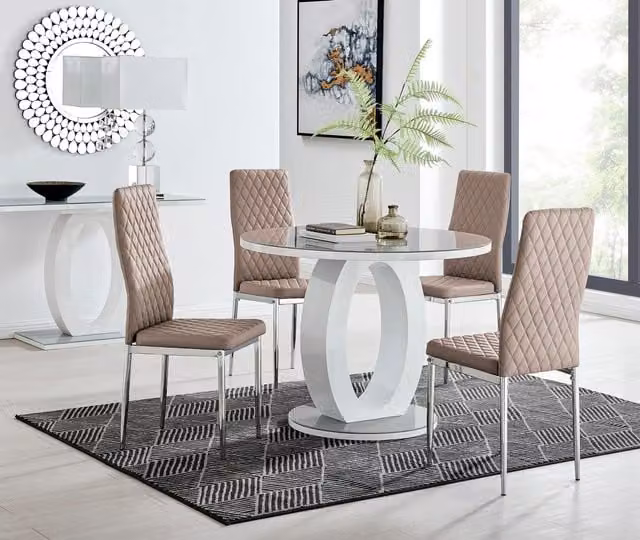 FurnitureboxUK Giovani Round 4 Seat Dining Set with Grey Tinted Glass Top Table and 4 Beige Milan Chairs, Diameter: 100 cm – 1