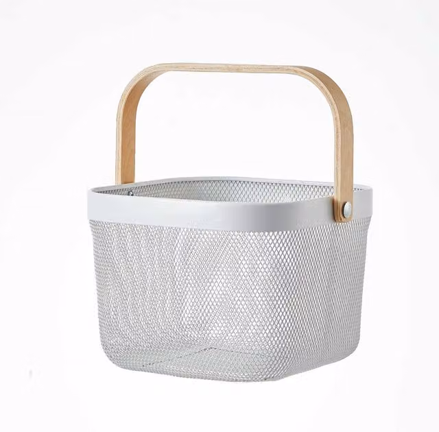 Eden & Willow White Mesh Metal Storage Basket with Wooden Handles