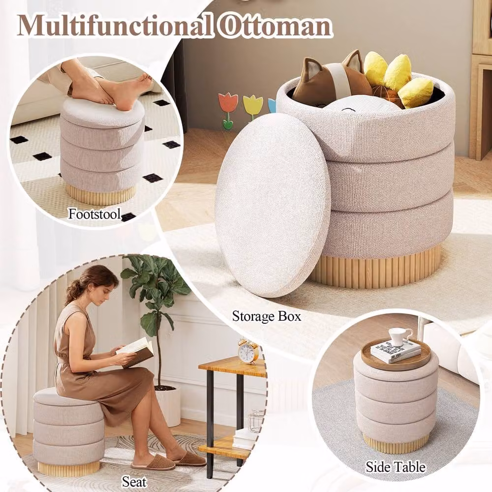 Costway Modern Round Storage Ottoman in Beige Upholstered Chenille with Lid – 4