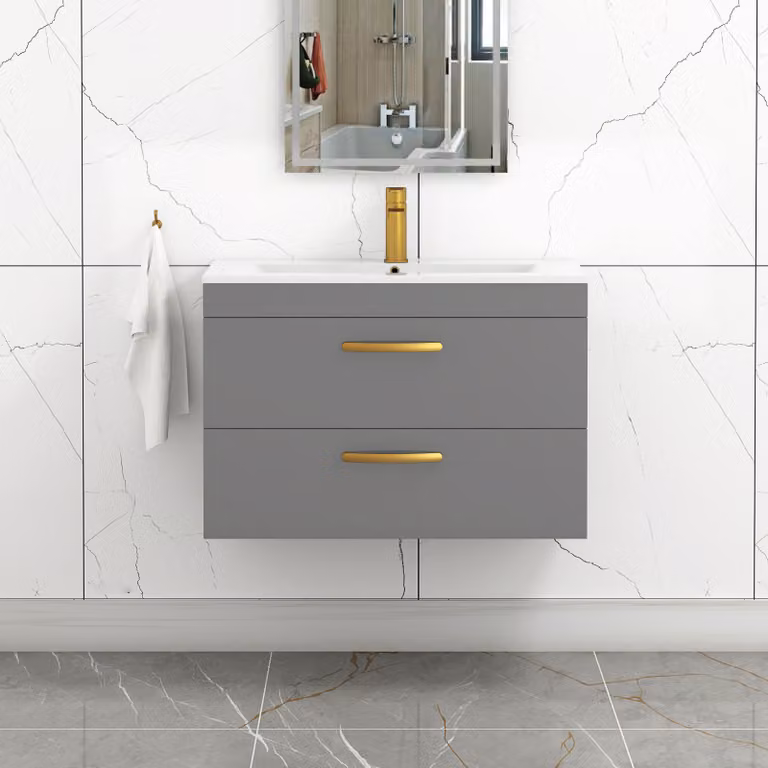 Royal Bathrooms Turin 800mm Wall Hung Vanity Unit in Indigo Grey Gloss with 2 Drawers and Brushed Brass Handle