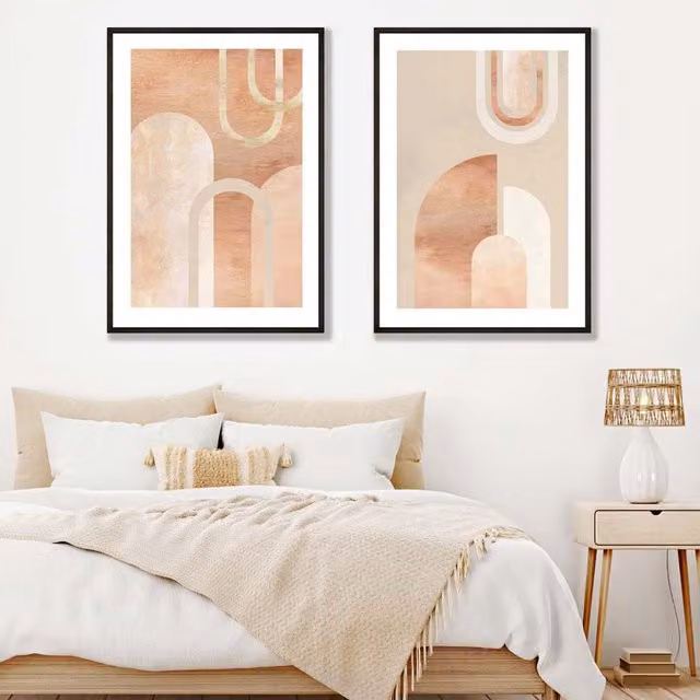 ARTZE Mid Century Arches Terracotta Abstract Geometric Art Prints Set of 2 with Black Wood Frames, W: 50 cm, H: 70 cm