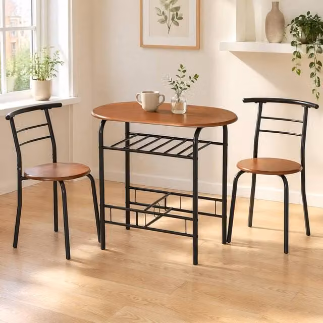 STILVORA Industrial Dining Table Set with 3 Chairs and Storage Shelf in Brown