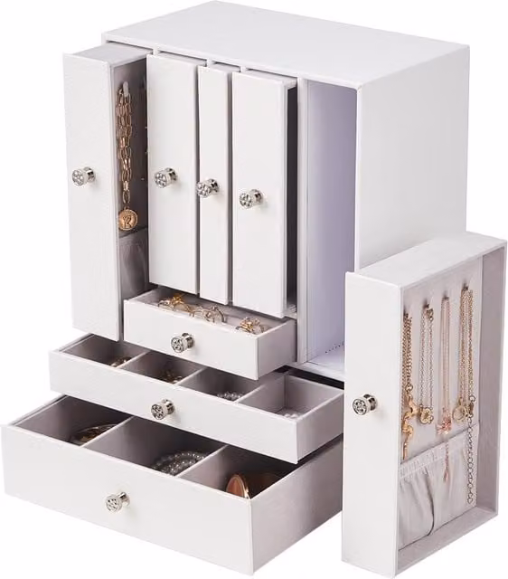 Komore White Faux Leather Jewellery Box with Drawers