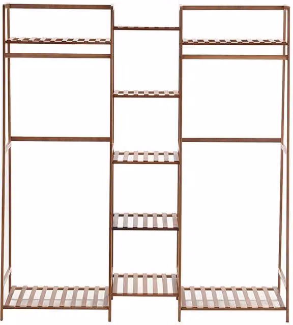 ERGOVEXA Brown Bamboo and Metal Clothes Rail Rack with Continuous Linear Rail and Open Wardrobe Shelf