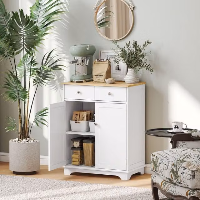 HOMCOM Kitchen Storage Cabinet Cupboard Organiser with Rubberwood Top in White – 1