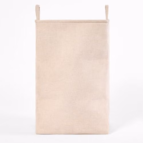 OHS Collapsible Faux Linen Laundry Basket with Handles and Drawstring Closure, Beige – 1