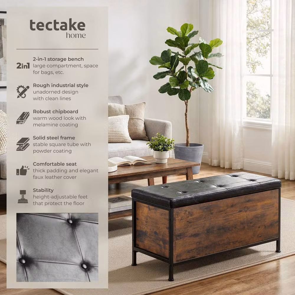 tectake Calico Storage Bench in Dark Brown with Synthetic Leather and Industrial Wood and Metal Design – 2