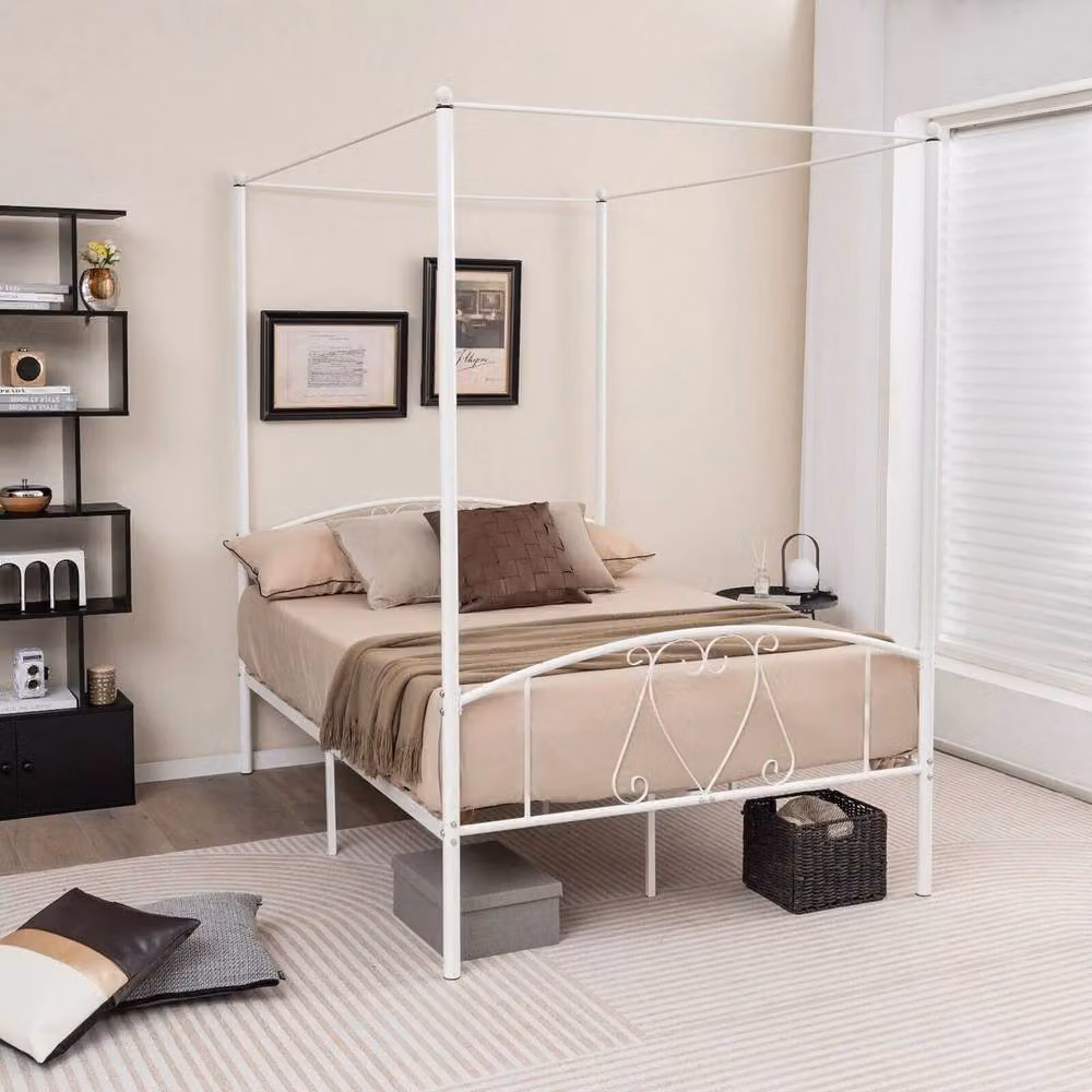 FLAVORA Metal 4-Poster Canopy Bed with Wood Slats in White – 3