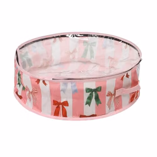 OHS Bow Stripe Wreath Storage Bag in Pink and White, Foldable Fabric Organiser with Lid and Handles – 1