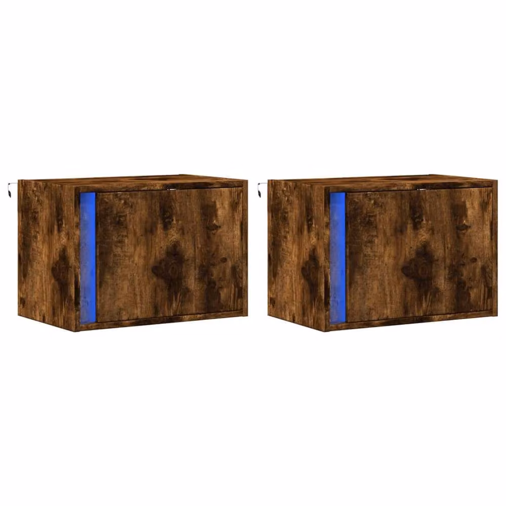 Berkfield Home Set of 2 Wall-mounted Bedside Cabinets with Integrated LED Lights in Smoked Oak Brown – 3