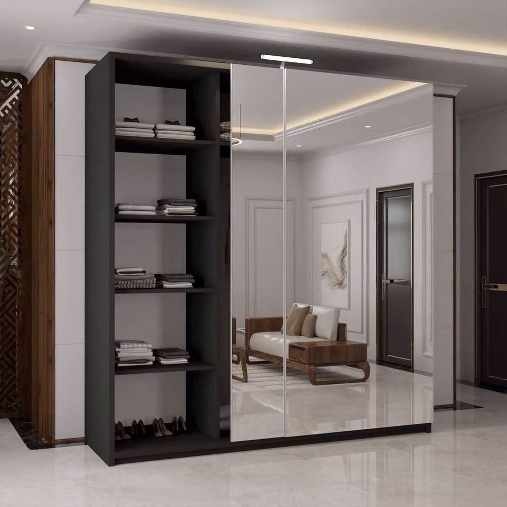 MN Furniture 3 Door Mirror Sliding Wardrobe with Integrated LED Lighting in Black, W: 250 cm, H: 217 cm – 3