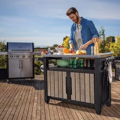 Keter Unity XL Outdoor Kitchen BBQ Table in Ashwood Brown with Stainless Steel Serving Station and Storage – 2