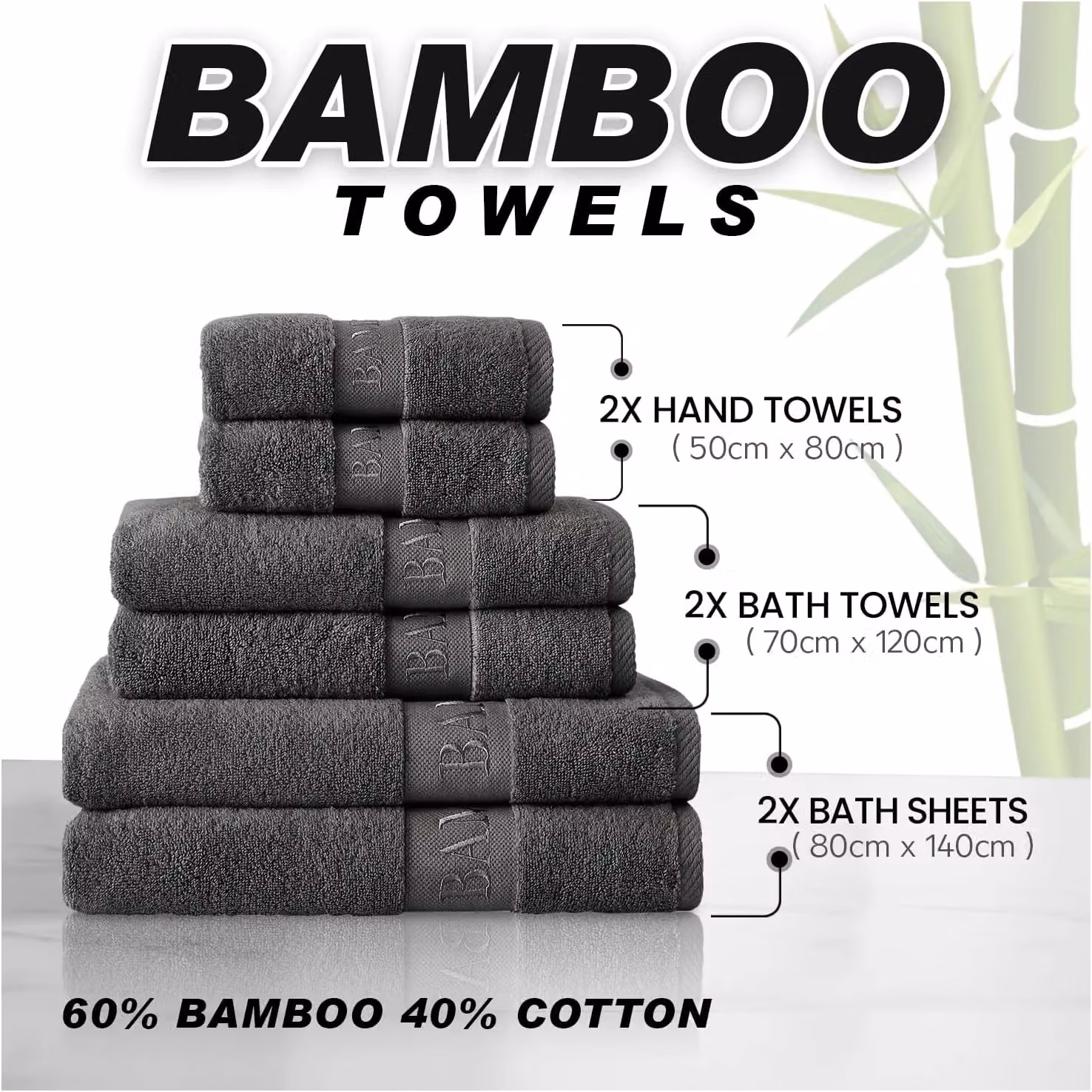 Gaveno Cavailia 2 Pack Large Bamboo and Cotton Bath Towels in Charcoal, W/H: 70 x 120 cm – 2