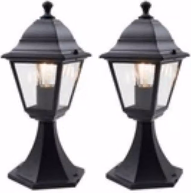 Havendro Set of 2 Modern Black Metal and Glass Outdoor Post Pedestal Lantern Lights, IP44 Rated