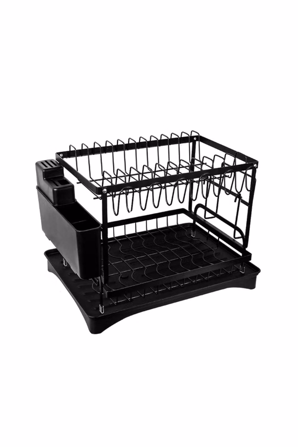 KDMD 2 Tier Sink Dish Drainer Rack with Drip Tray and Cutlery Holder, Black Coated Steel – 2
