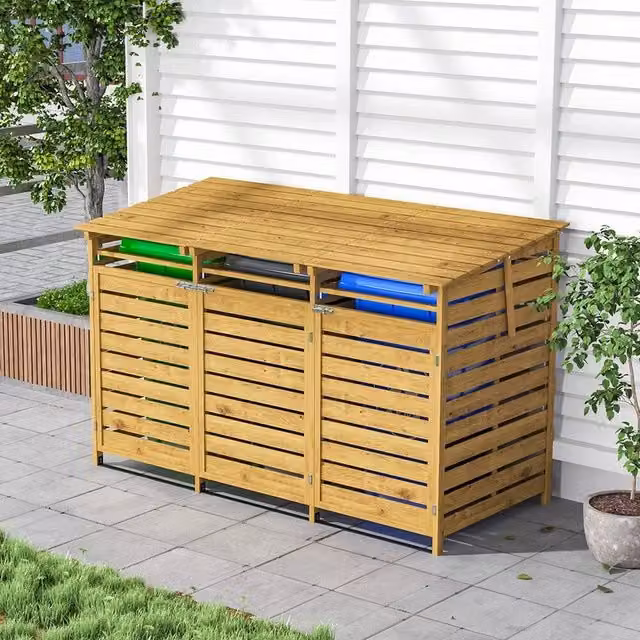 SPETLEK Natural Wood Triple Bin Store Shed in Beige, W: 100 cm, D: 60 cm – 1
