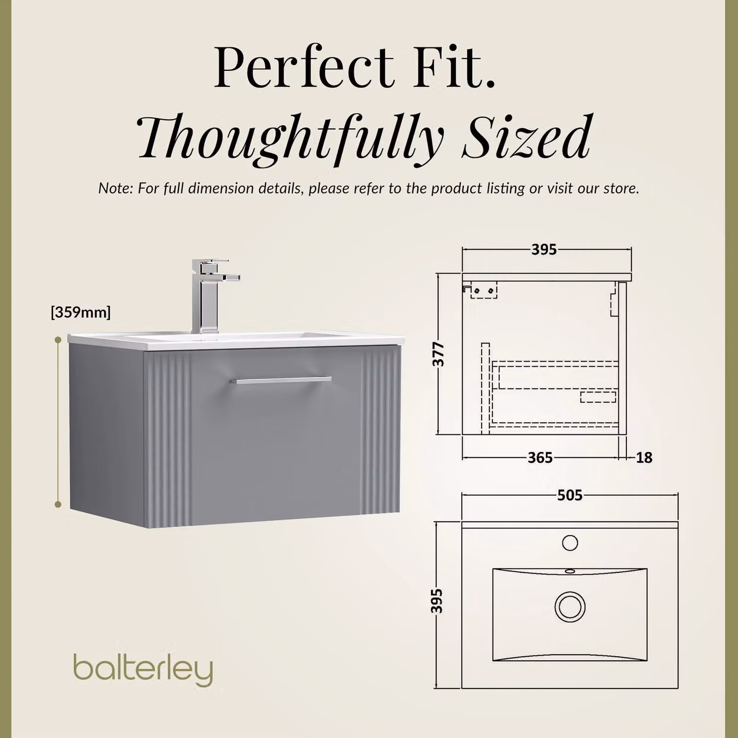 Balterley Wall Hung 1 Drawer Vanity Unit with Minimalist Basin, Satin Grey, W: 60 cm, D: 39.5 cm, H: 60 cm – 2