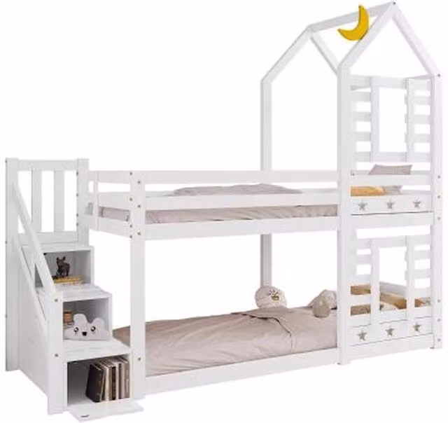 Chilli Seating Children's White Cabin Bunk Bed with Stairs and Storage Drawers, H: 221 x W: 120 x D: 200 cm