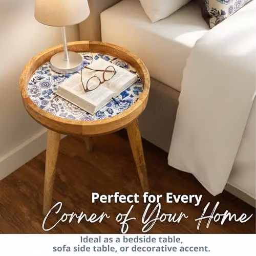 Hartsmede Mango Wood Round Side Table with Floral Enamel Resin Top in Beige, W/D/H: 36 x 36 x 47 cm – 8