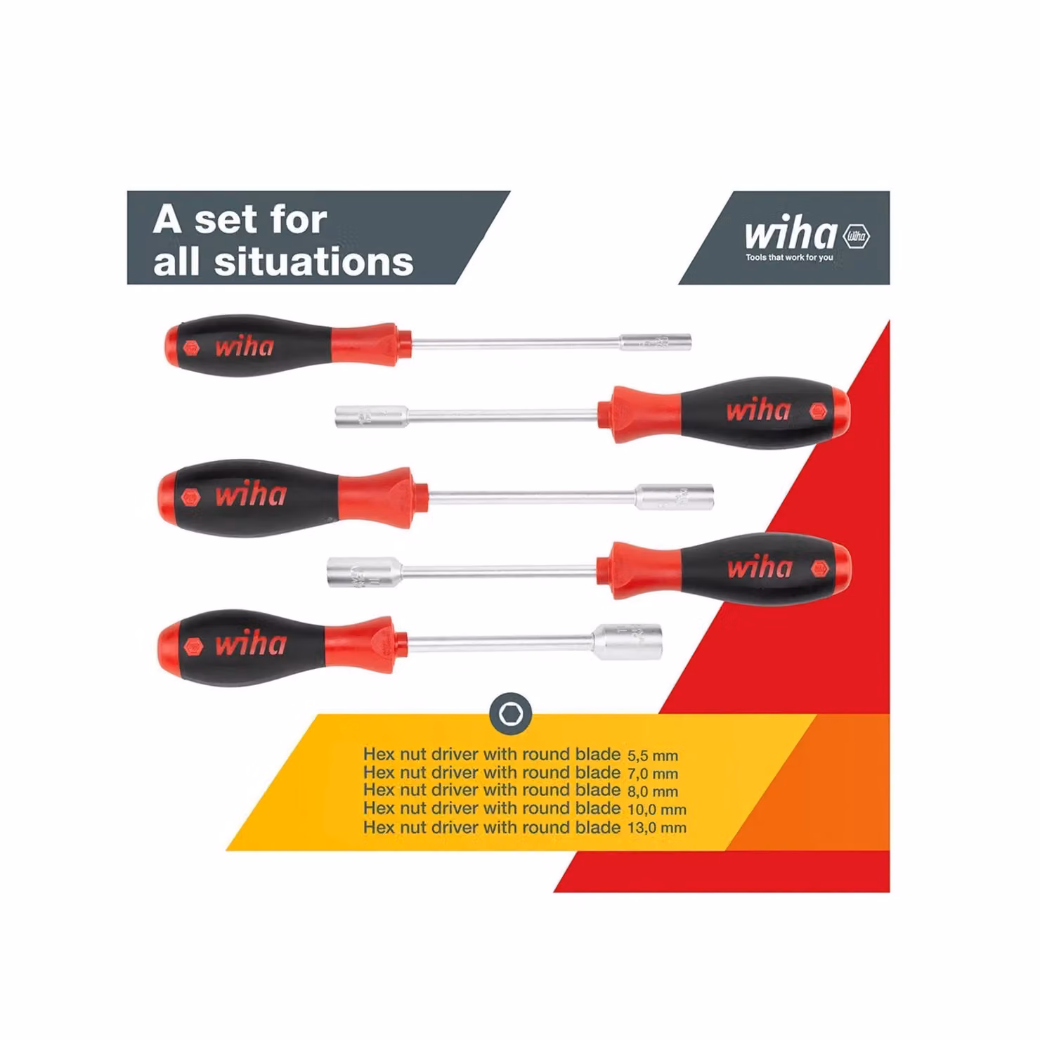 Wiha Softfinish Hex Nut Driver Set, 5 Piece, Red and Multicolour, Chrome Vanadium Steel – 2