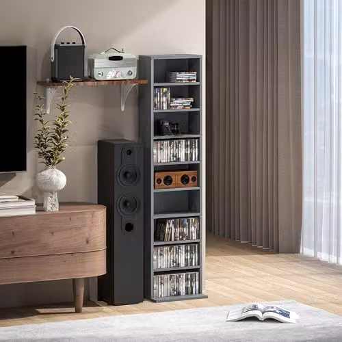 HOMCOM Grey Media Storage Unit with 9 Compartments and Adjustable Shelves, H 140 x W 33 x D 24 cm – 5
