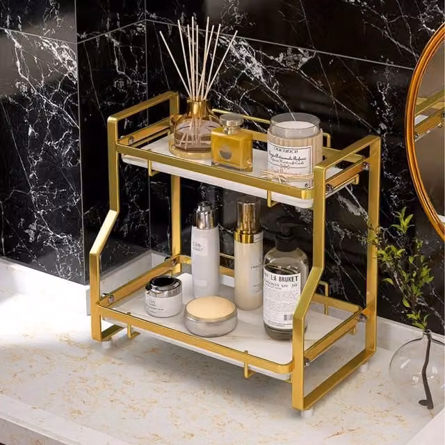 Livingandhome Freestanding Kitchen and Bathroom Storage Organiser Rack in Gold, Width: 31.5 cm