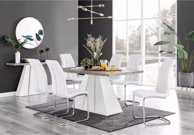 FurnitureboxUK Athens Grey Concrete Rectangular Kitchen Dining Table and 6 White Murano Chairs