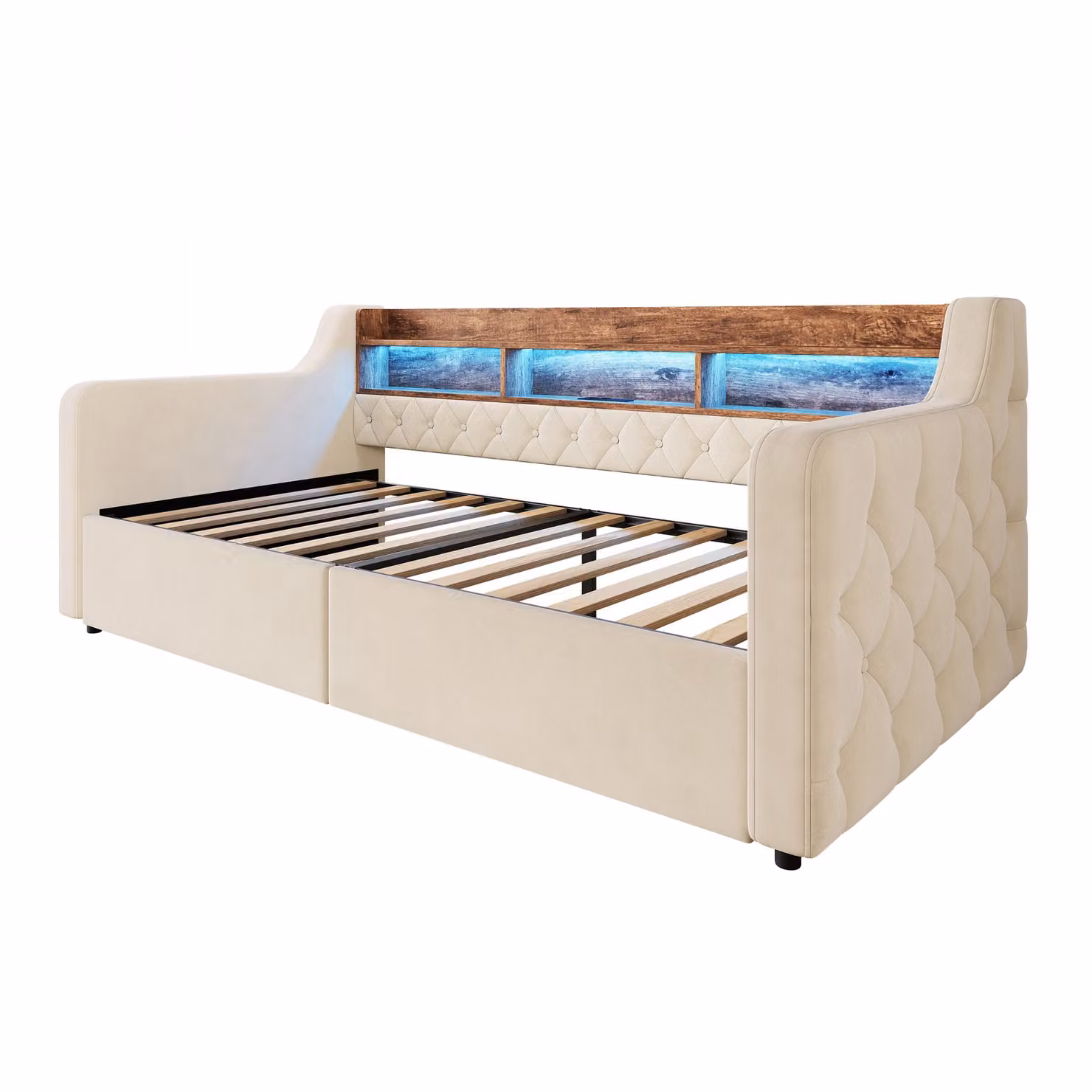 Aosom UK Beige Velvet Single Upholstered Platform Bed Frame with 2 Drawers and USB/Type-C Ports, W/D/H: 107 x 200 x 80 cm – 2