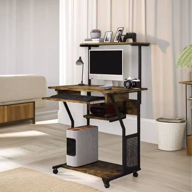 Furnold Industrial Rolling Computer Desk with Keyboard Tray and Shelves, Brown, W: 130 cm, D: 50 cm, H: 76 cm