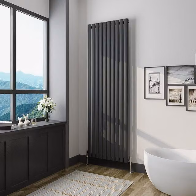 AicaBathroom Vertical Oval Column Radiator in Black Steel, H 180 cm x W 59 cm x D 59 cm