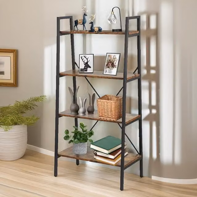 Pirlo Plush 4 Tier Freestanding Ladder Shelf for Living Room Storage, Rustic Brown and Black, H 145 x W 60 x D 35 cm