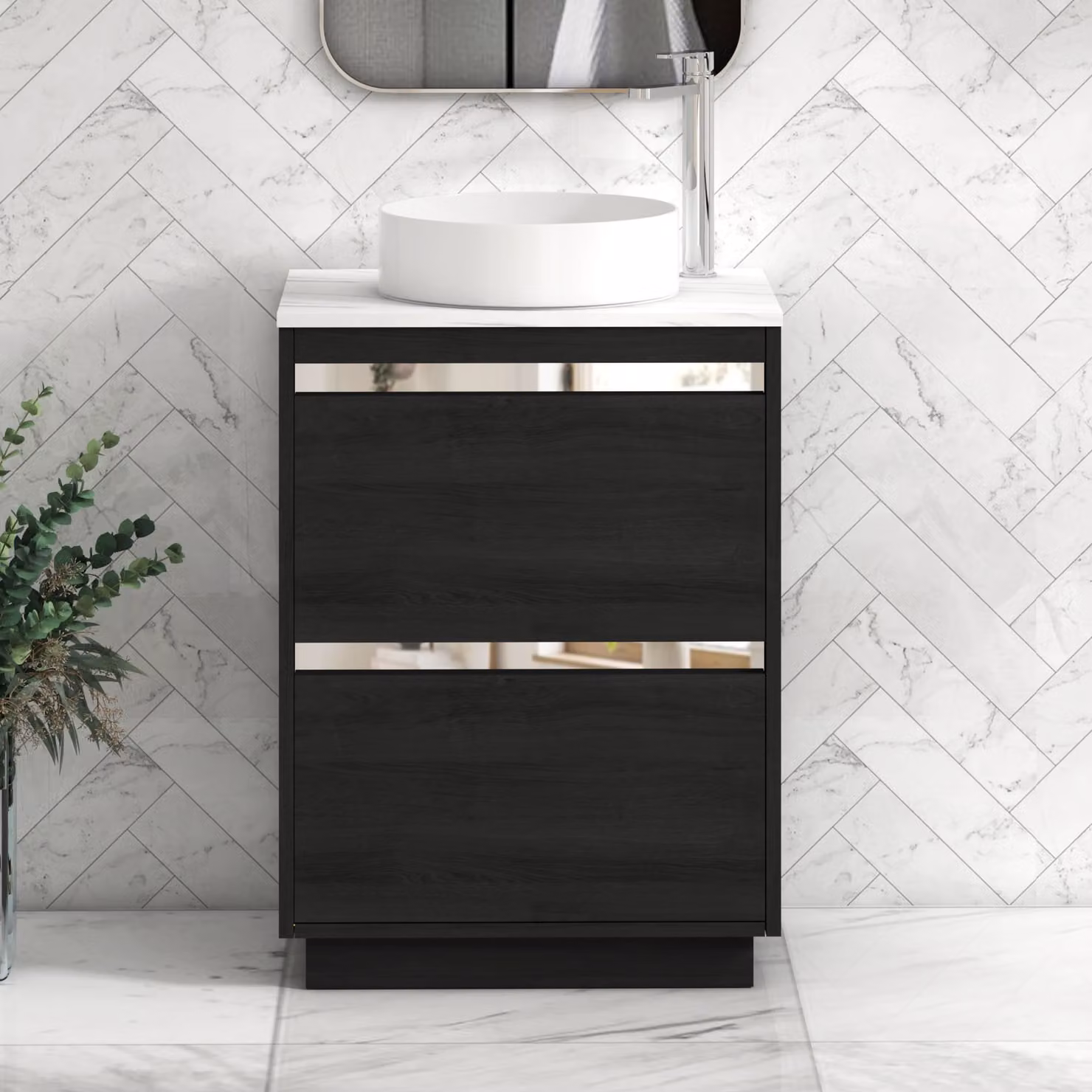 Royal Bathrooms Orion 800mm Hale Black Floor Standing Vanity Unit with Carrara White Countertop, 2 Drawers and Art Basin