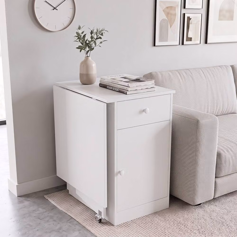 Costway Modern White Folding Dining Table with Butterfly Drop Leaf and Drawer – 2