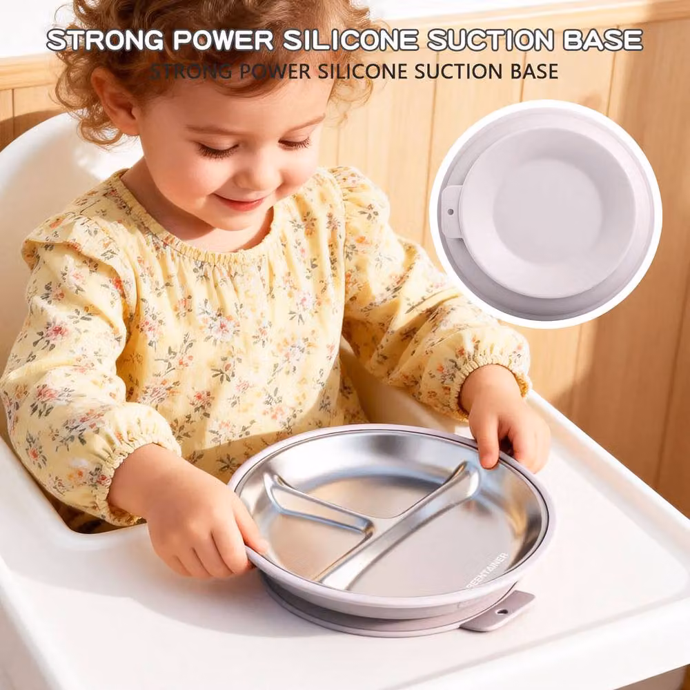 Greentainer 3-Piece Pink Stainless Steel and Silicone Divided Plate Set with Suction Base for Children – 3