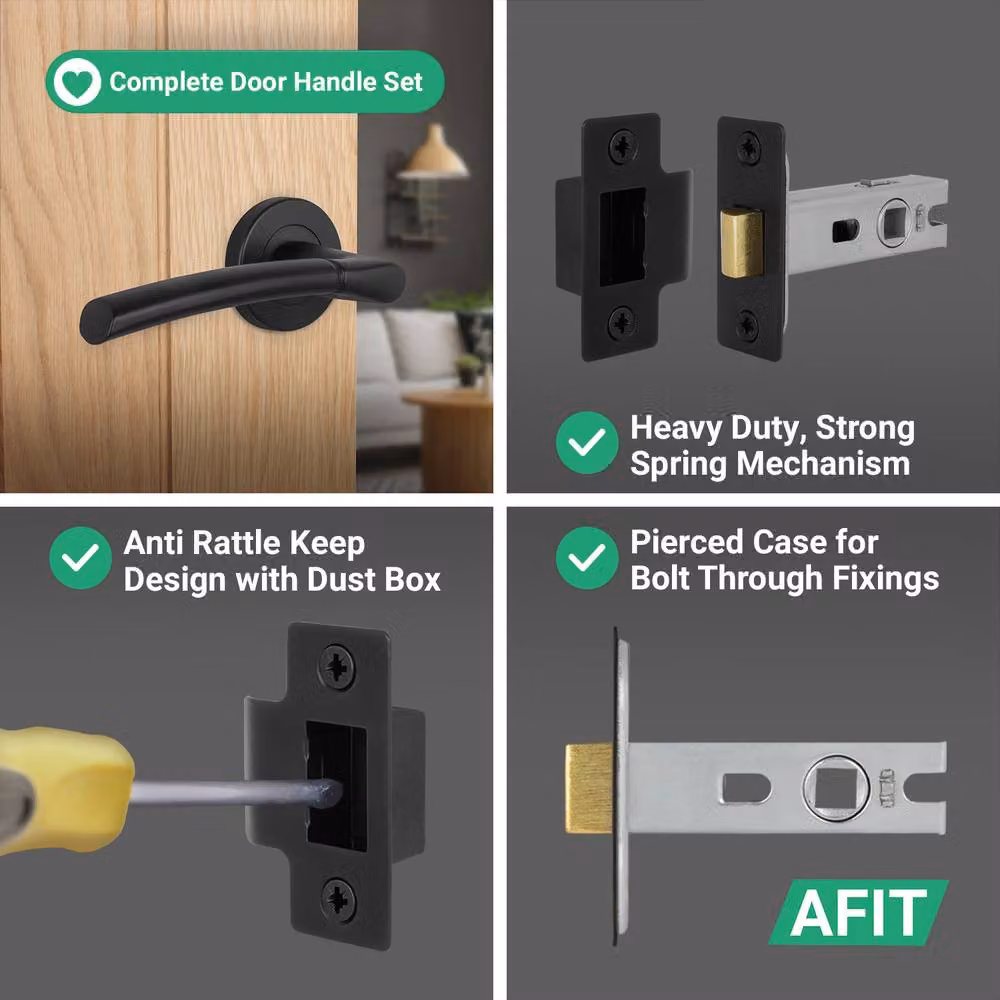 AFIT Matt Black Round Rose Internal Lever Door Handle with Latch, 5 Pairs, W/D/H: 15 x 15 x 6 cm – 7