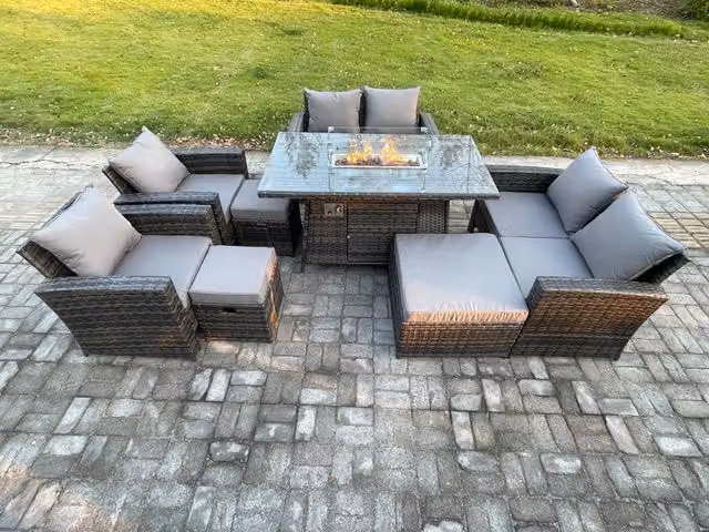 Fimous 8 Piece Rattan Garden Furniture Set with Gas Firepit Dining Table and 3 Footstools in Dark Grey