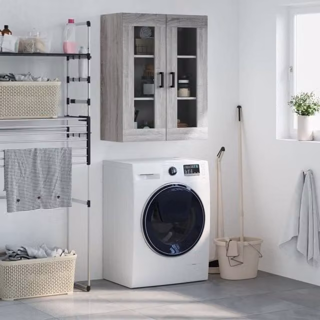 Berkfield Home Wall Mounted Cabinet in Grey with Glass Doors, W: 69.5 cm, D: 34 cm, H: 90 cm