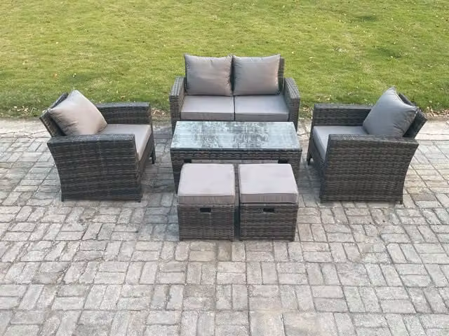 Fimous 6 Seater Outdoor Rattan Garden Furniture Set with Coffee Table and 2 Footstools in Dark Grey Anthracite
