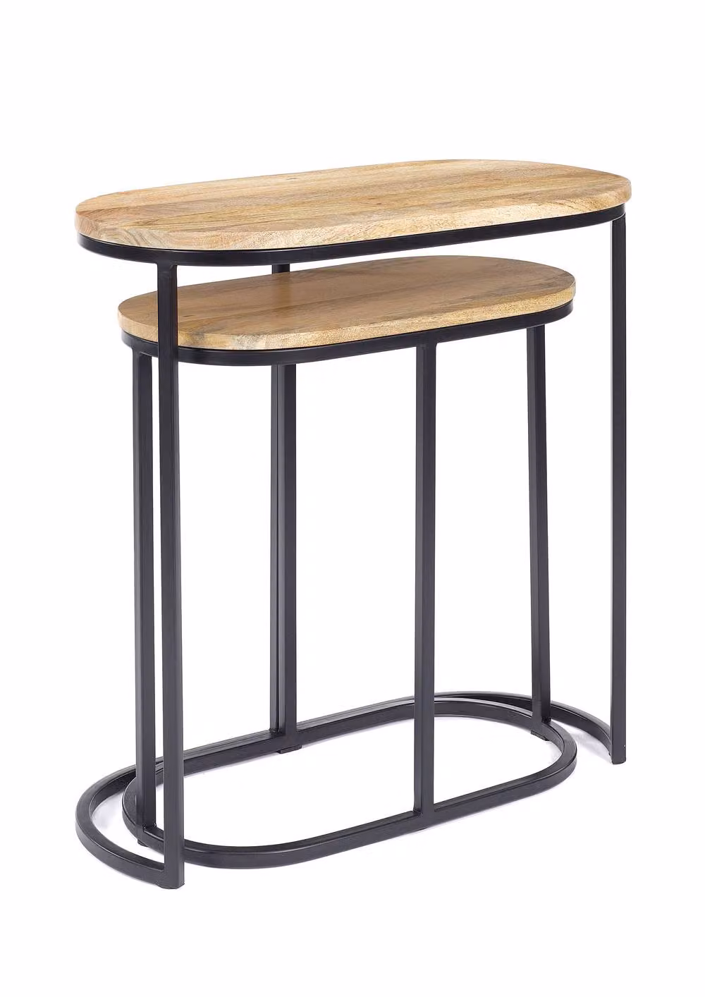 Elm Home And Garden Oval Nest of Three Tables with Light Oak Finish Mango Wood Tops and Black Metal Legs – 3