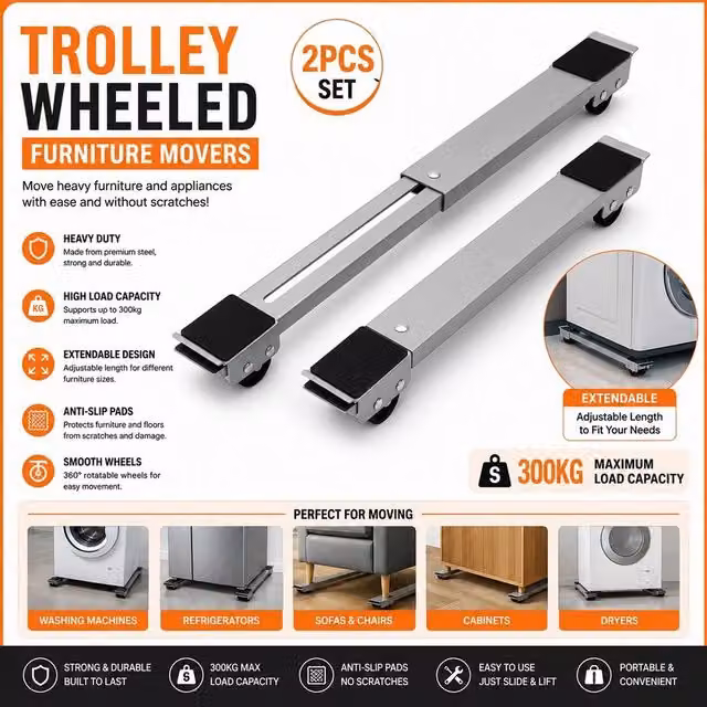 ATEK 2 Pack Heavy Duty Adjustable Appliance Rollers in White and Grey with Metal Brake Wheels for Moving Fridges, Washing Machines and Dryers – 1