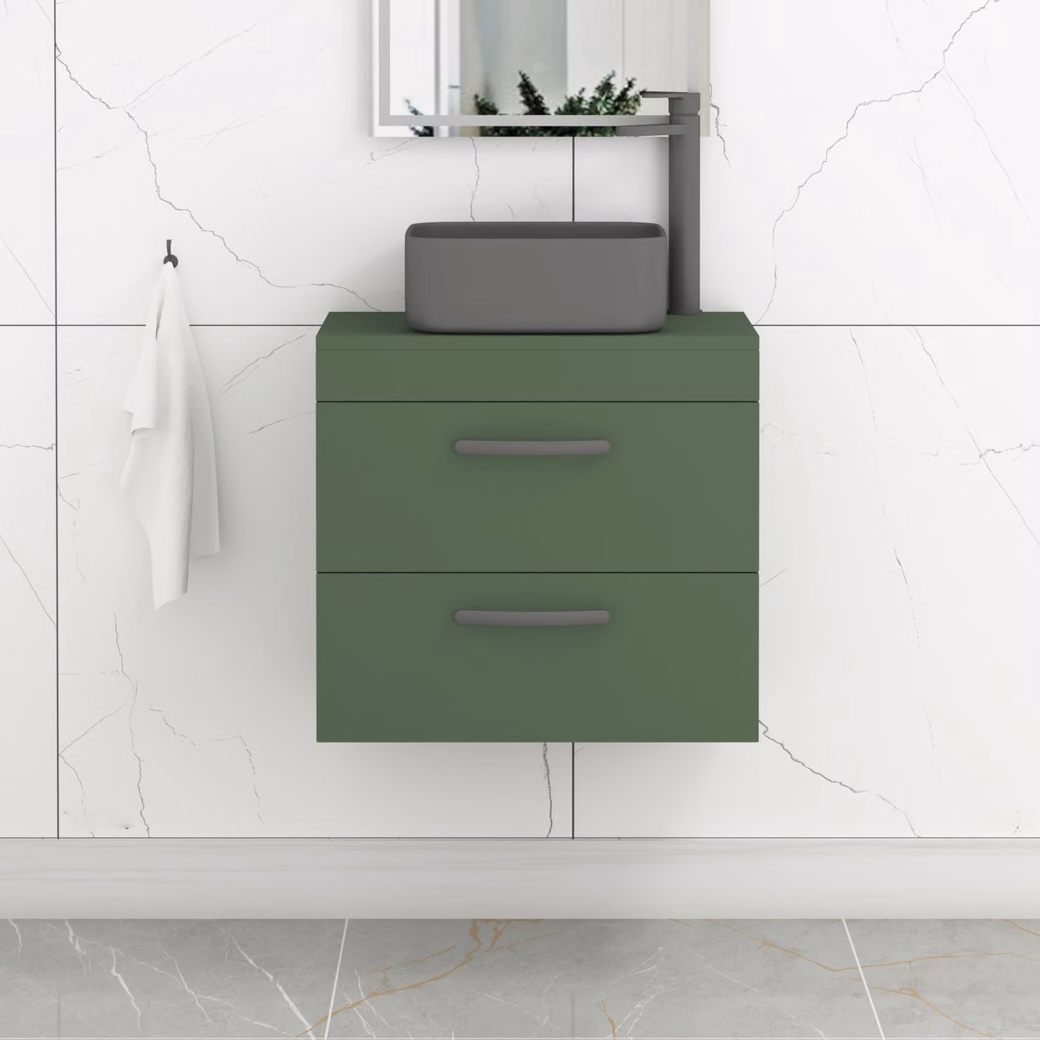 Royal Bathrooms Turin 600mm Wall Hung 2 Drawer Vanity Unit with Countertop Basin in Matt Green and Matt Black Handles